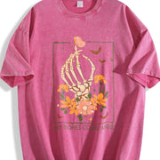 Y2K a Skeleton Hand Grasping a Heart and Flowers Vintage Washed T-Shirt in Red
