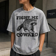 Fight Me Coward Meme Raccoon Vintage Washed T-Shirt in Gray