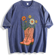 Cowgirl Boots Wildflowers Retro Western Country Girl vintage washed oversized T-shirt in Blue