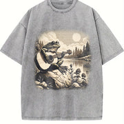 Frog Playing Guitar 90s Vintage Washed T-Shirt in Gray