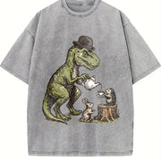 T-rex Tea Party Dinosaur Vintage Washed T-Shirt in Gray