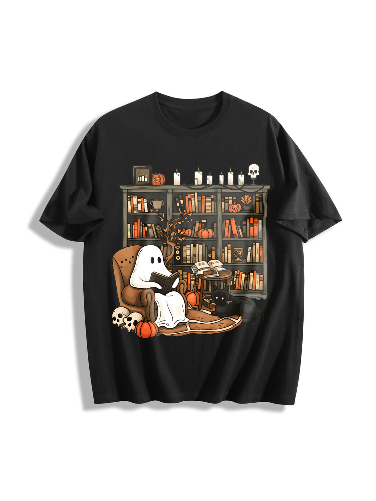 Retro Ghost Reading Books Cotton T-Shirt in Black