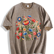 Folk Art Short-sleeve a Bohemian with Faux Embroidered Vintage Washed T-Shirt in Brown