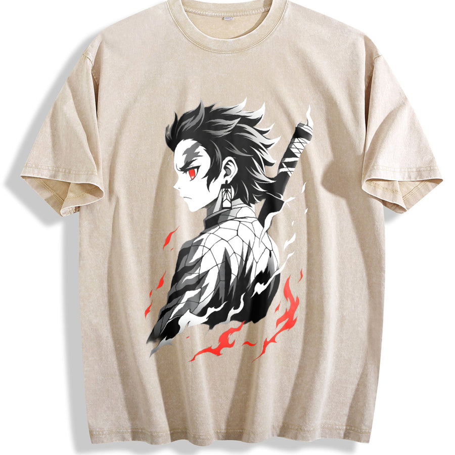 Retro Limited Tanjiro - Demon Slayer Infinity Castle Arc vintage washed oversized T-shirt in Beige