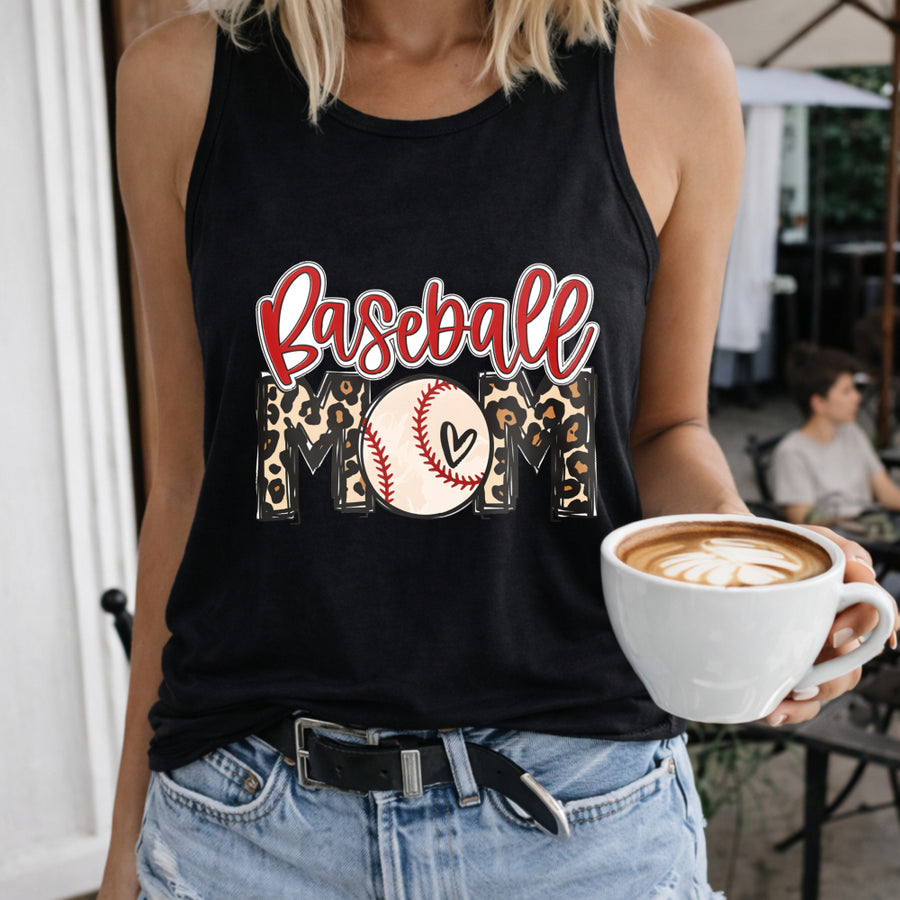 Baseball Mom Leopard Ball Crew-neck Sleeveless Vest Women's Color Cotton Tank Top in Black