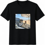 Beach Cat Wine Drinking Cotton T-Shirt in Black
