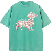 Floral Dachshund Wiener Dog Vintage Washed T-Shirt in Blue