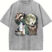 Retro Moon Raccoon and Wolf Retro Wolf Moon Galaxy Vintage Washed T-Shirt in Gray