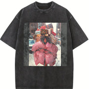 Woman Carrying Gifts in the Snow Vintage Washed T-Shirt in Black