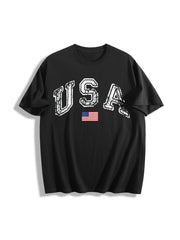 USA Retro Flag America Patriotic 4th of July Cotton T-Shirt in Black
