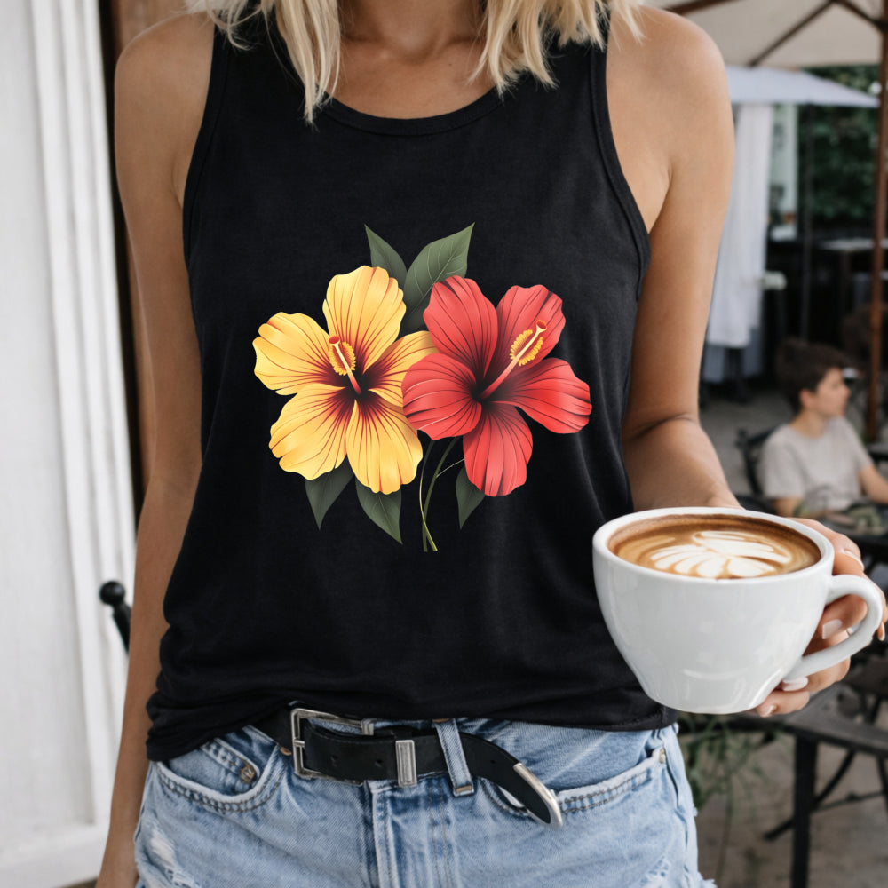 Hibiscus Flowers Women's Color Cotton Tank Top in Black