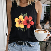 Hibiscus Flowers Women's Color Cotton Tank Top in Black