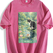 Monet Cat Art Water Lily Impressionist Vintage Washed T-Shirt in Red