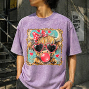 Highland Cow Valentine Coquette Valentine Heart Leopard Vintage Washed T-Shirt in Purple