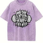 And She Lifted Heavily Ever After Barbell Motivation Vintage Washed T-Shirt in Purple