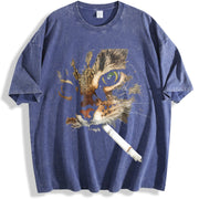 Smoking Cat Halloween vintage washed oversized T-shirt in Blue