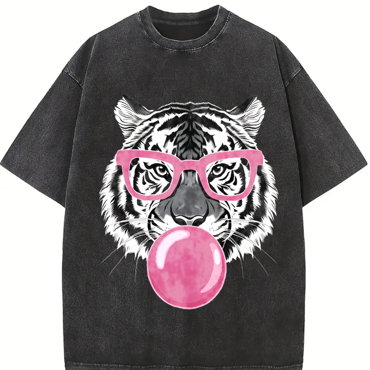 Tiger & Bubble Gum Long Sleeve Pullover vintage washed oversized T-shirt in Black
