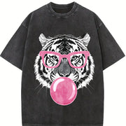 Tiger & Bubble Gum Long Sleeve Pullover vintage washed oversized T-shirt in Black