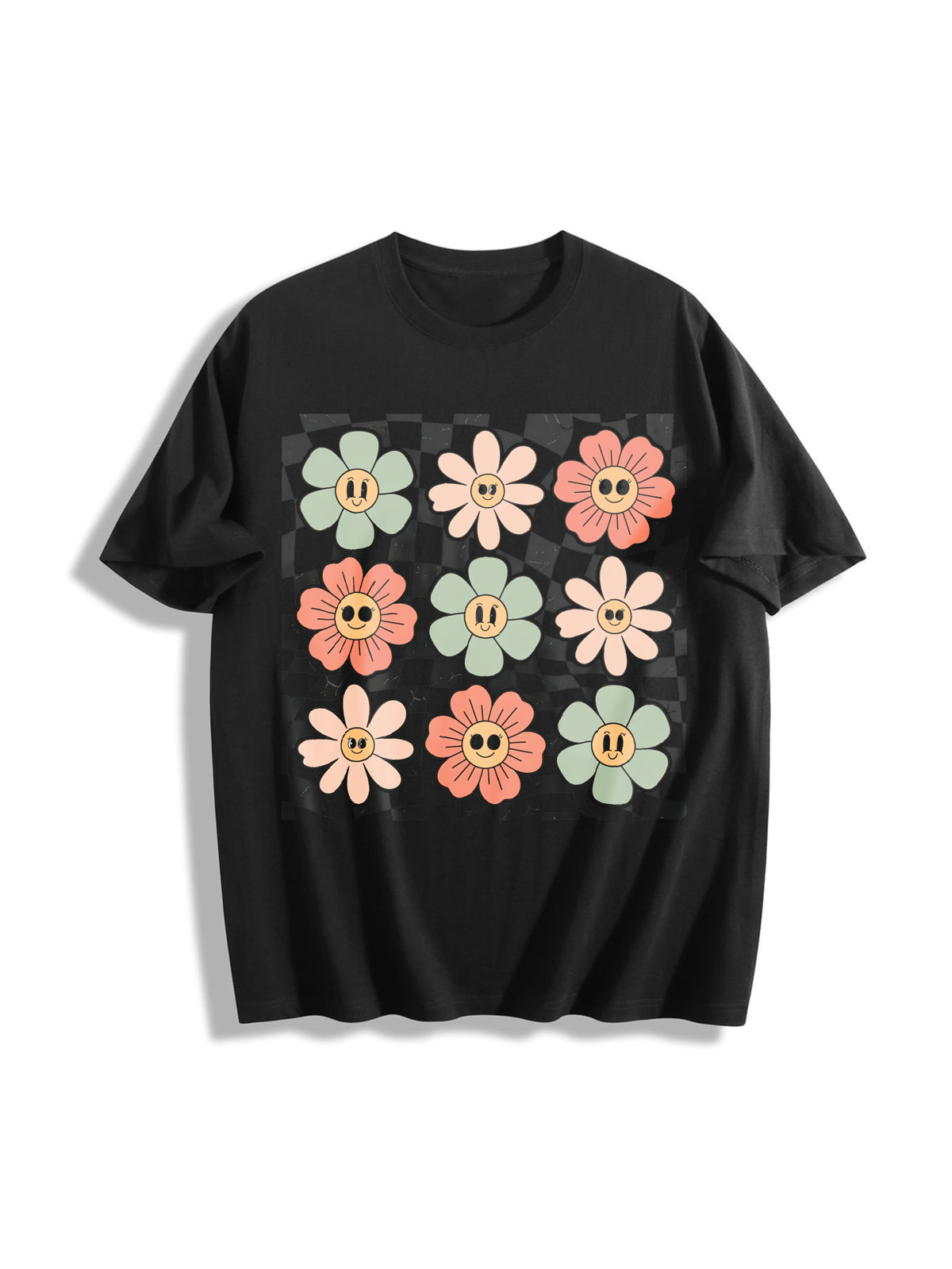 Retro Checkered Flower Cotton T-Shirt in Black