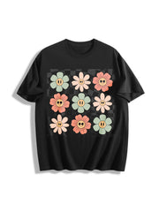Retro Checkered Flower Cotton T-Shirt in Black