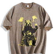Retro Bear Moose Drinking Beer 90s Vintage Washed T-Shirt in Brown