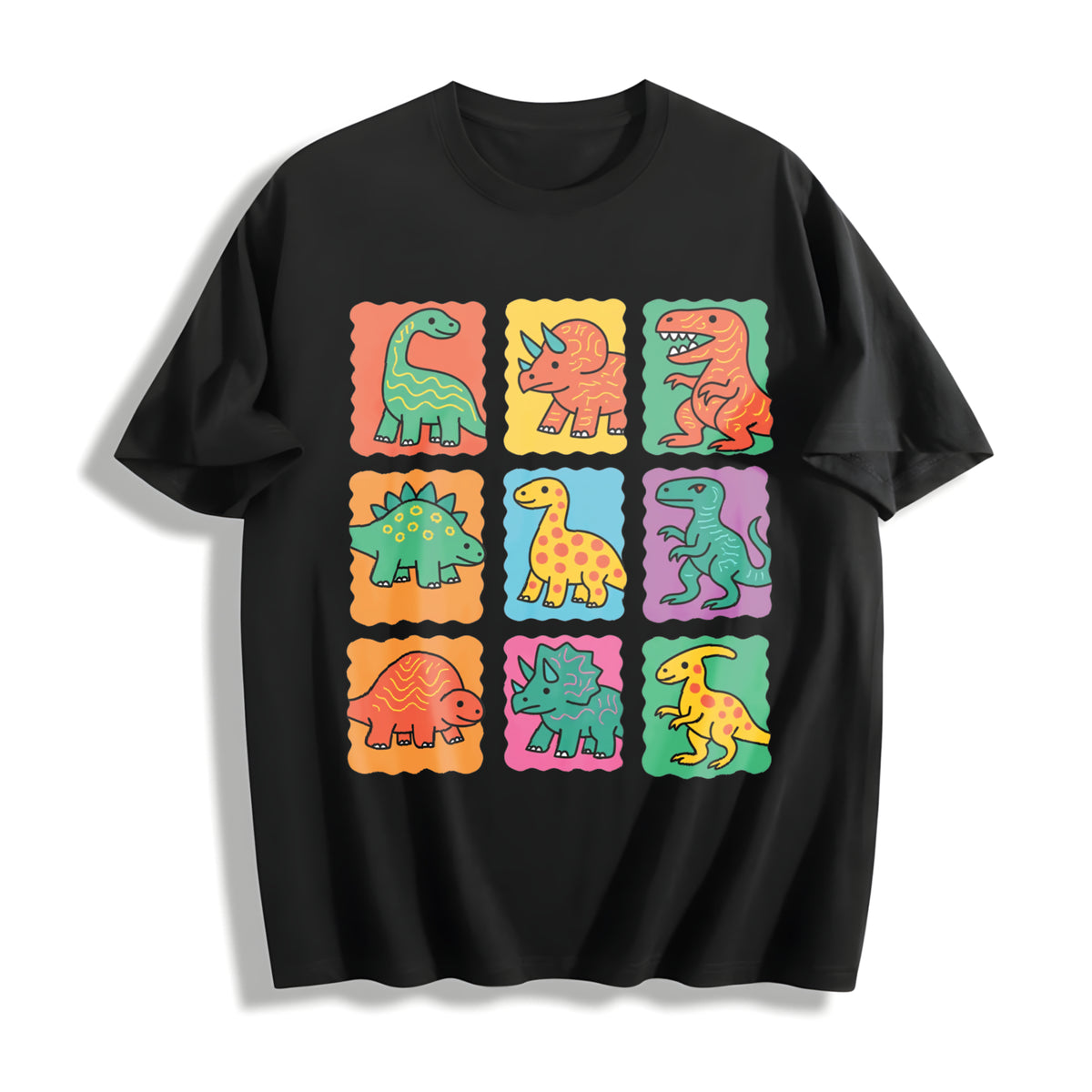 Cute Retro Colorful Dinosaur Grid Illustration Boxy Cotton T-Shirt in Black
