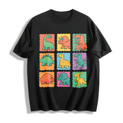 Cute Retro Colorful Dinosaur Grid Illustration Boxy Cotton T-Shirt in Black