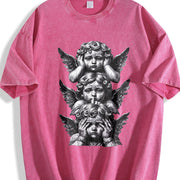 Gothic Three Wise Monkeys Angel Statue Sleeveless Tank Vintage Washed T-Shirt in Red