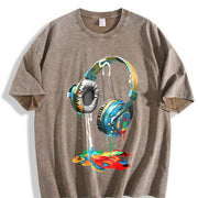Loose Single Side - With Vibrant Headphones Drip Paint vintage washed oversized T-shirt in Brown