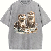 Two River Otters Wilderness 90s Vintage Washed T-Shirt in Gray
