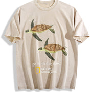 Go with the Flow Sea Turtle Ocean Nature Lover Boxy DTG Vintage Washed T-Shirt in Beige
