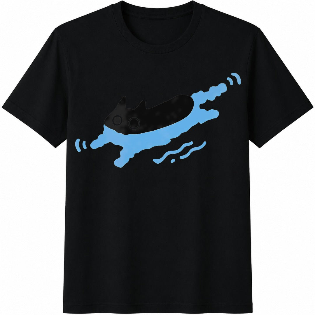 Black Cat Swimming Cotton T-Shirt in Black