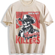 Retro Popular Cowboy Killers 90s Vintage Washed T-Shirt in Beige