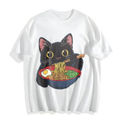 Cat Ramen Cute Cotton T-Shirt in White