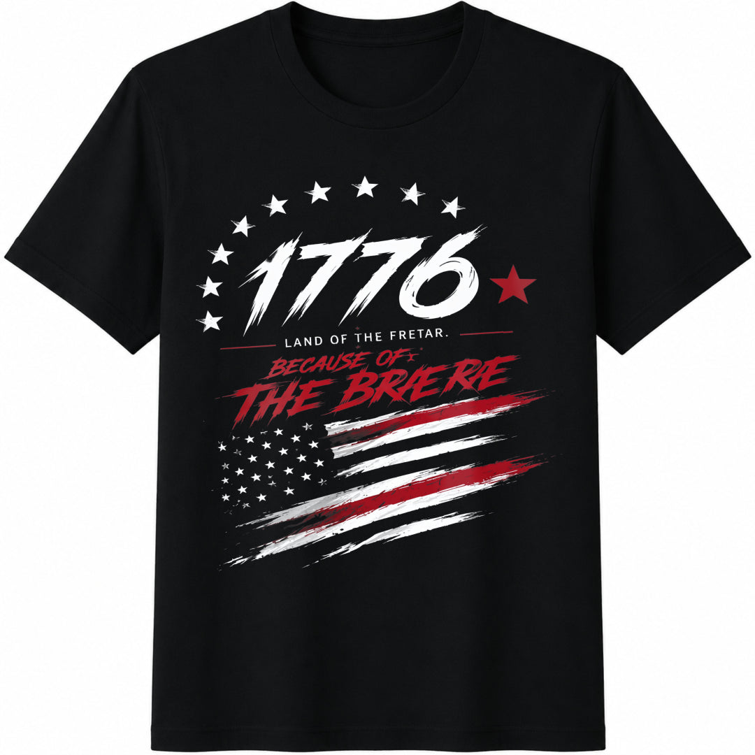 1776 Patriotic Land of the Free Because of the Brave Cotton T-Shirt in Black