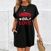A-line Long Dress for on Valentine's Day Cotton T-Shirt in Black
