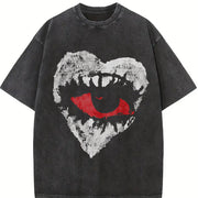 1pc Mysterious Heart-shaped Eye Vintage Washed T-Shirt in Black