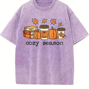 Books Lover Fall Pumpkin Season Vintage Washed T-Shirt in Purple