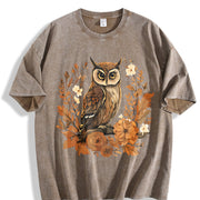 Autumn Leaf Flower Owl One-piece Vintage Washed T-Shirt in Brown