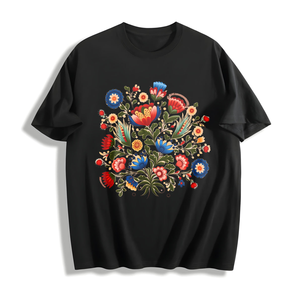 Folk Art Short-sleeve a Bohemian with Faux Embroidered Cotton T-Shirt in Black