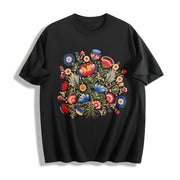 Folk Art Short-sleeve a Bohemian with Faux Embroidered Cotton T-Shirt in Black