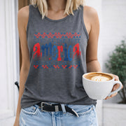 Land of the Free Because of the Brave Retro Checkered Women's Color Cotton Tank Top in Gray
