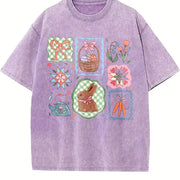 Coquette Easter Bow & Bunny Patchwork vintage washed oversized T-shirt in Purple
