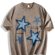XINGX Star Blue Denim Ideal for All Seasons vintage washed oversized T-shirt in Brown