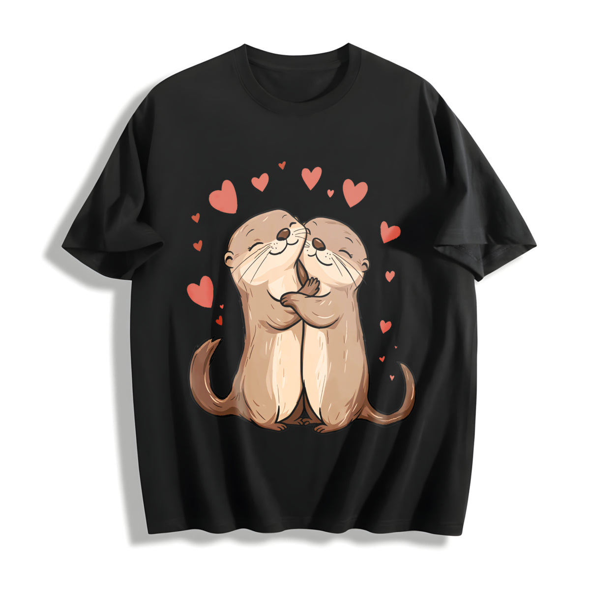 Otter Love Cute Hugging Otters Cotton T-Shirt in Black