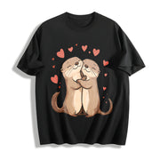 Otter Love Cute Hugging Otters Cotton T-Shirt in Black