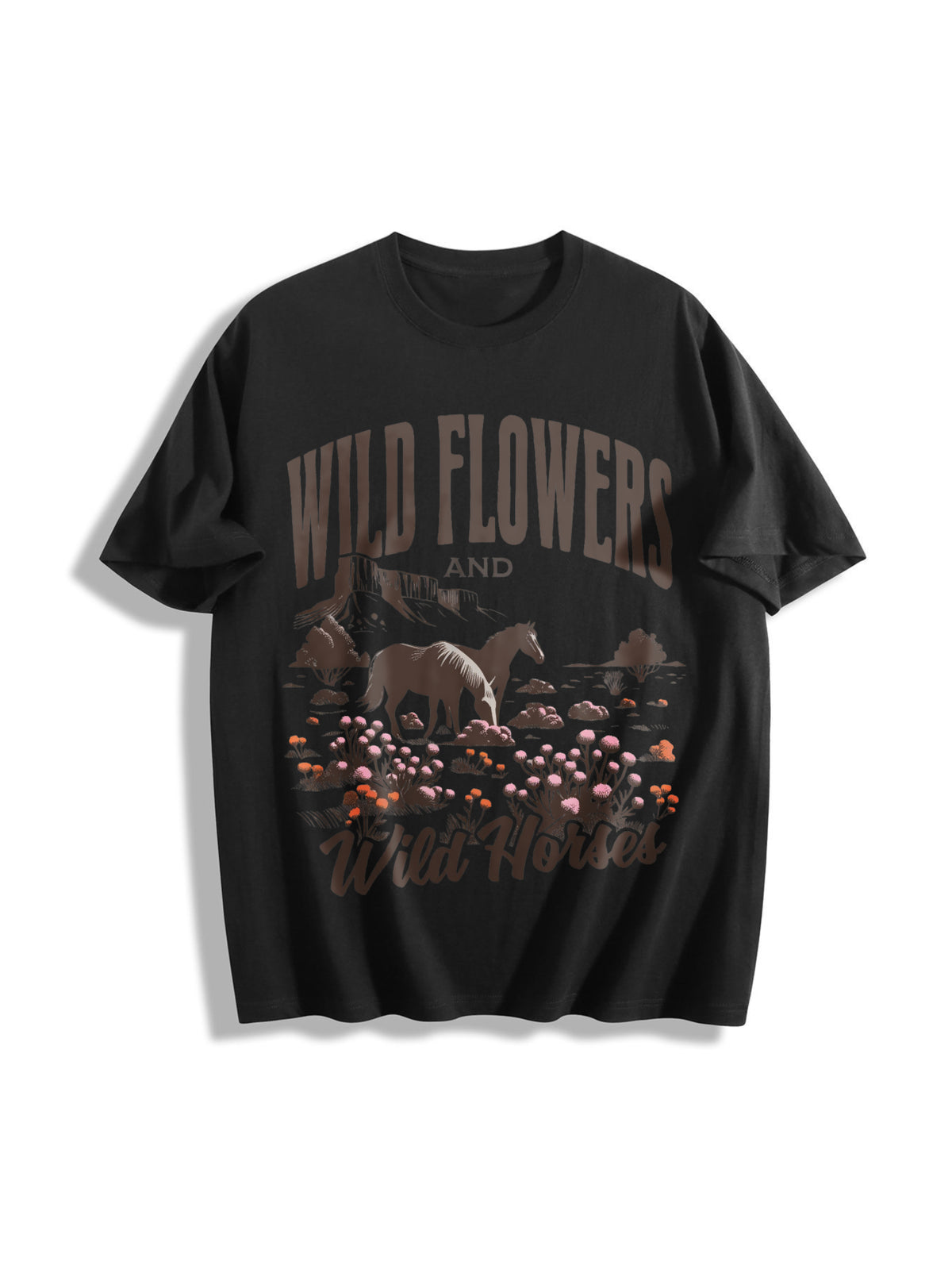 Wild Horses & Wildflowers Cotton T-Shirt in Black
