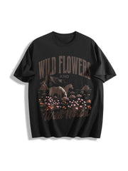 Wild Horses & Wildflowers Cotton T-Shirt in Black