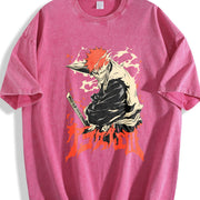 Retro Ichigo Kurosaki Rage Bankai Bleach Anime Manga vintage washed oversized T-shirt in Red