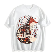 Folk Art Bohemian Fox and Tree Cotton T-Shirt in White